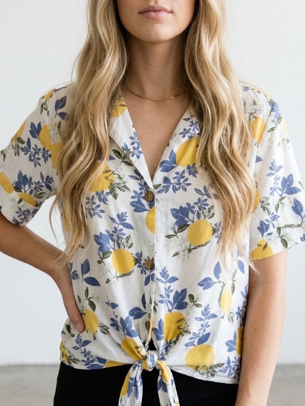 Dip Lemon Floral Printed Button Tie Front Shirt Women Large Beachy Boho Coastal - Picture 13 of 13